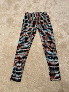 LuLaRoe Leggings in Blue, Brown & Black Geometric Print